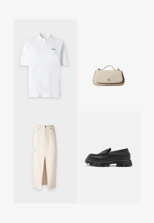 Valge puuvillane polo särk, klassikalise krae, kolme nööbi ja väikese musta logoga vasakul rinnal. Lühikesed varrukad.; Beežist denimist midi seelik, millel on ees lõhik, kaks küljetaskut ja kõrge vöökohaga disain. Omab nööpidega kinnitust ja peent tekstuuri.; Mustad mustad nahast loafers, millel on paks kummitald haardega, õmblusdetailid ja esirihm. Brändi nimi "HUGO" on küljele reljeefselt trükitud.; Väike beež nahast käekott ülemise sangaga ja hõbedase CK logoga esiklapil, valgel taustal.