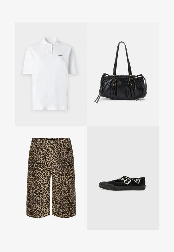 Hvid polo skjorte lavet af bomuld, med klassisk krave, tre knapper og et lille sort logo på venstre bryst. Korte ærmer.; Leopardmønstrede shorts med en tan base og sorte pletter, lavet af et blødt stof, med en lige pasform og standard talje. ; Vans MARY JANE - Ballerinasko - black; Sort læderhåndtaske med rund form, dobbelte hanke, dekorative hardware-detaljer og snøre på siden. Glat, blank overflade.