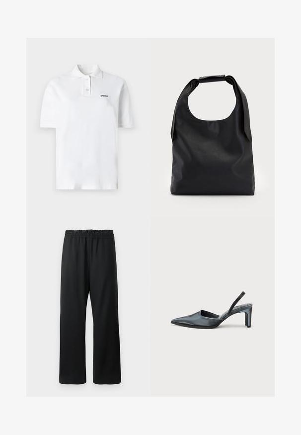 Polo blanca de algodón, con un collar clásico, tres botones y un pequeño logo negro en el lado izquierdo del pecho. Mangas cortas.; Pantalones negros con un diseño de pierna ancha, cintura elástica con cordón y tejido suave y ligero. Incluye bolsillos laterales.; Tacón destalonado negro con punta puntiaguda, acabado de satén elegante y tacón delgado de 3 pulgadas. Diseño lateral abierto con detalle mínimo de costuras.; Bolso de mano de cuero negro con una gran abertura superior y una sola correa para el hombro. Textura suave, diseño minimalista, con detalles sutiles de herrajes.