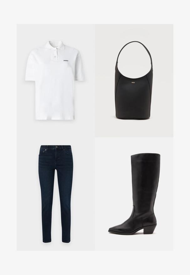 Weißes Poloshirt aus Baumwolle, mit klassischem Kragen, drei Knöpfen und einem kleinen schwarzen Logo auf der linken Brust. Kurze Ärmel.; Dunkelblaue Jeans mit schmaler Passform, ausgestattet mit einem Fünf-Taschen-Design, Knopfverschluss und dezenten Nähdetails. Glatte Textur über die gesamte Fläche.; Schwarzer Lederstiefel bis zur Wade mit spitzer Spitze und niedrigem schrägem Absatz vor einfachem hellem Hintergrund.; Schwarze Leder-Bucket-Bag mit einem einzelnen Schulterriemen und kleinem goldfarbenem BOSS-Logo, zentriert nahe der oberen Vorderseite.