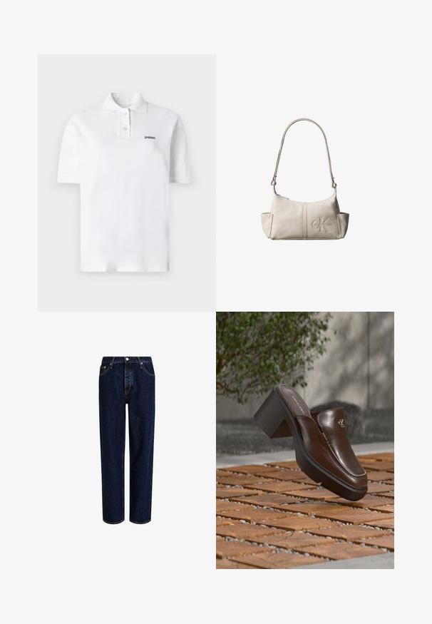 Hvid polo skjorte lavet af bomuld, med klassisk krave, tre knapper og et lille sort logo på venstre bryst. Korte ærmer.; Mørkeblå denim jeans med lige ben-design, der har høj talje, fem-lomme-stil og kontrastsyninger. Ingen dekorationer.; Brun læder Calvin Klein hæl mule svævende over trægulv med en sløret grøn plante og væg baggrund.; Lille beige læder skuldertaske med justerbar rem og præget Calvin Klein-logo foran i midten.