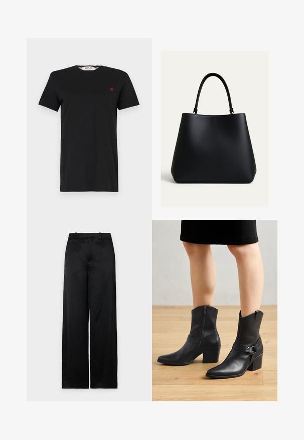 Camiseta negra de manga corta en una tela suave, con cuello redondo y un pequeño logo rojo en el pecho. Diseño simple y clásico.; Pantalones de pierna ancha negros, hechos de una tela ligera y texturizada. Presentan una cinturilla lisa con trabillas para el cinturón y una silueta recta y fluida.; Botines de cuero negro con punta afilada, cierre de cremallera, tacón curvado y una correa decorativa con detalles metálicos.; Bolso de cuero negro con forma de trapecio redondeado y una única asa arqueada para el hombro, mostrado sobre un fondo claro y liso.