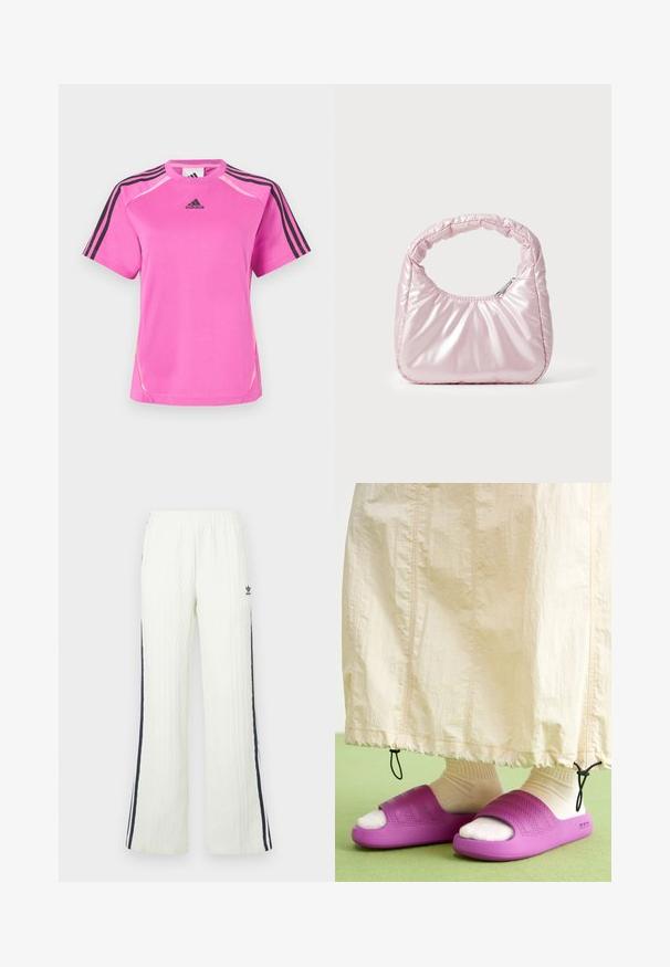 Kirkas vaaleanpunainen Adidas-urheilupaita, jossa mustat kolmiraidan yksityiskohdat hihoissa ja musta Adidas-logo rinnassa.; Vaaleakermanväriset, palmikkoneulotut housut, joissa on levenevä malli. Housuissa on tummansiniset sivuraidat ja Adidas-logo lonkassa. Vyötäröllä on joustava vyötärönauha.; Violetti kumisaappaat, joissa on teksturoitu nauhakuosi, käytetty vaalean kreemiväristen sukkien päällä, yhdistettynä vaaleanbeigeen hameeseen. Vihreä lattia.; Vaaleanpunainen, pehmustettu käsilaukku, jossa on pyöristetty muotoilu ja joka on valmistettu kiiltävästä materiaalista. Siinä on rypistetty kahva ja vetoketjukiinnitys turvallista pääsyä varten.