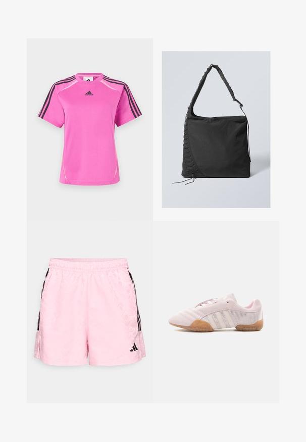 Erkkroos roosa Adidas sportpusa mustade kolme triibuga detailidega varrukatel ja must Adidas logo rinnal.; adidas Sportswear TIRO - Spordišortsid - true pink/black; Hele roosa seemisnahast toss valgete triipude, kummist tallaga ja tekstuursete külgpaneelidega, näidatud sisevaates valgel taustal.; Must mustri kott, millel on tekstuuriga viimistlus, laia rihmaga ja külgede pitsdetailidega. Suur peamine sektsioon, millel on ülemine lukuga suletav osa.