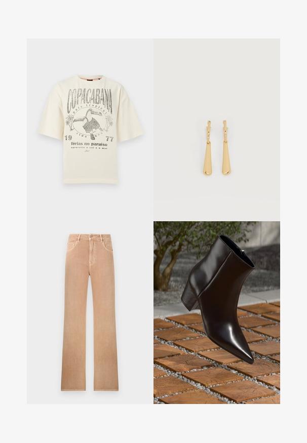 Off-white T-shirt met de tekst "COPACABANA", twee toekans, palmbomen en Portugese zinnen over vakantie en tropisch leven.; High-waist rechte jeans in lichtbruin met voorste knoop, ritssluiting, lussen voor een riem en een ontwerp met vijf zakken.; Zwarte leren enkelboot met een spitse neus, blokhak en een gladde textuur, gepositioneerd boven een houten en grindoppervlak.; Oorbellen in goudkleur met glanzende, langgerekte druppelvormige hangers die aan kleine oorringen hangen, op een witte achtergrond.