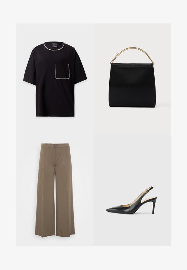 Camiseta negra de manga corta con escote redondo y bolsillo en el pecho, ambos bordes decorados con pequeños remaches redondos plateados.; Pantalones de pierna ancha en un tejido marrón sólido, con cierre de botón, frente plano y textura suave, diseñados para un ajuste relajado.; Tacones altos negros de cuero con tirantes, punta afilada, correa ajustable y un elegante tacón de aguja, con un acabado suave.; Bolso negro de tela suave, con forma estructurada, asa de cadena dorada y diseño geométrico minimalista.