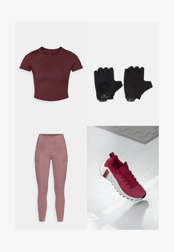 Bordeaux cropped t-shirt gemaakt van gladde rekbare stof. Heeft korte mouwen en een ronde hals, met een subtiele logo op de borst.; Strakzittende legging met hoge taille in gedempte rozentint. Gemaakt van glad, rekbaar materiaal met zijzak en minimale stikdetails.; Rode sportieve schoen met een gestructureerde bovenlaag, veters en een dikke witte zool. Heeft een contrasterende zwarte neuskap en een logo aan de zijkant.; Zwarte vingerloze handschoenen met een gestructureerd ontwerp. Gemaakt van een ademend materiaal, met een duimopening en versterkte palm voor grip.