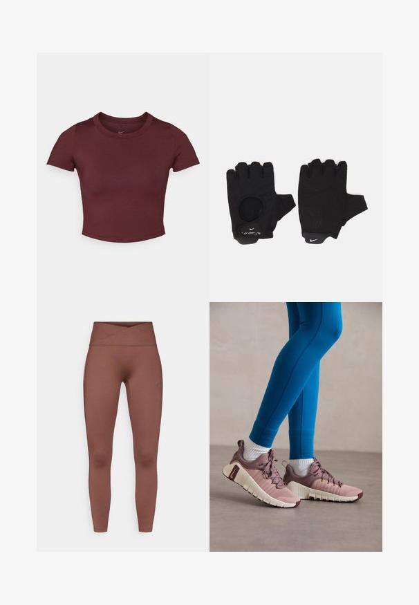 Bordeaux beskåret t-shirt lavet af glat strækstof. Har korte ærmer og rund hals, med et subtilt logo på brystet.; Brune højtaljede leggings med en glat, strækbar tekstur. Har en korset talje og ingen synlige sømme. Velegnet til aktivt tøj.; Diverse sko i lyserød og beige med teksturerede sidelapper, brune detaljer og fleksible såler. Bæres sammen med blå leggings og hvide sokker.; Sorte fingerløse handsker med et tekstureret design. Lavet af et åndbart materiale, med en tommelfingeråbning og forstærket håndflade for bedre greb.