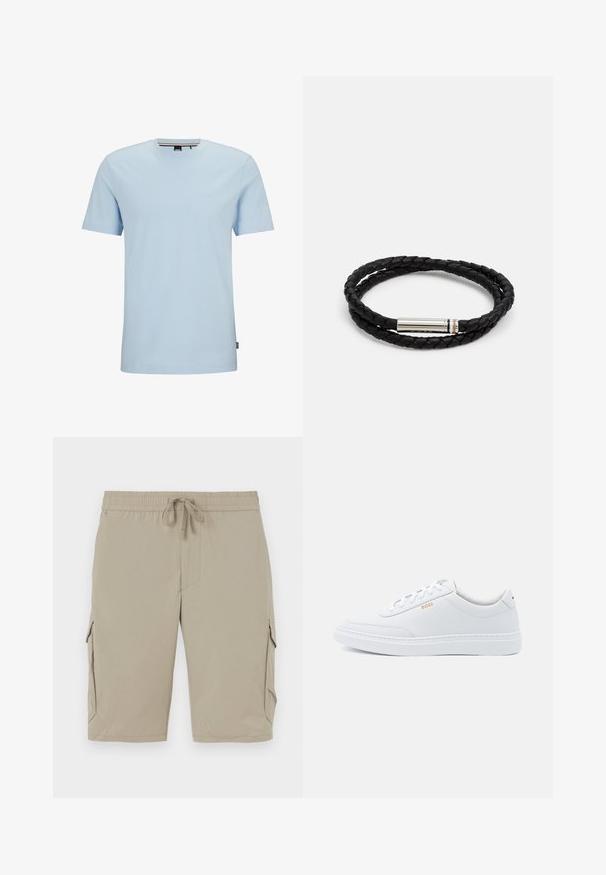 Vaaleansininen puuvillapaita, jossa on pyöreä kaula-aukko, lyhyet hihat ja hillitty logo brodeerattuna mittarin kohdalla. Pehmeä rakenne, standardikokoinen.; Beige cargo shortsit, joissa on joustava vyötärö ja kiristysnauha. Ominaisuuksiin kuuluvat sivutaskut ja sileä, kevyt kangas.; Valkoiset nahkakengät, joissa on sileä pinta, pyöreä kärki ja tonalisointi. Varustettu sinisillä nauhoilla ja kultaisella logolla sivussa.; Musta punottu nahkaketju, jossa on hopeinen sylinterimäinen lukko, jossa on kaksi metallista korostaviin viivoja. Suunnittelu on joustava ja se kiertää kahdesti ranteen ympäri.