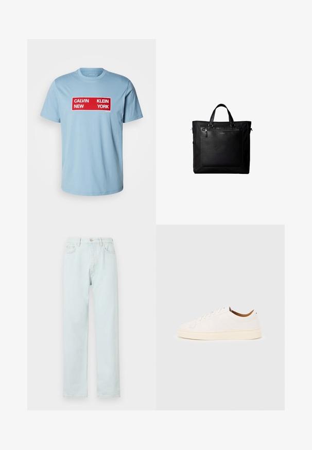 Calvin Klein Jeans BOX GRAPHIC TEE - T-shirts print - smoke blue; Lyseblå lige bukser lavet af denim, med knaplukning, diskret slid, og fem-lomme design.; Hvid lavtop-sneakers med snørelukning, minimale syningsdetaljer og en cremefarvet sål på en lysegrå baggrund.; Sort taske med dobbelte håndtag, stor læderlomme foran med lynlås og diskret Calvin Klein-logo midt på lommen.