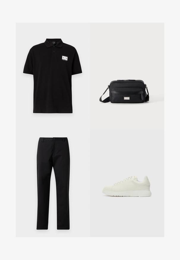 Sort polo med korte ærmer, to-knaps lukning og hvidt A|X Armani Exchange-logo på venstre bryst.; Sorte lige bukser med knap- og lynlåslukning, bæltestropper og forlommer, præsenteret på hvid baggrund.; Hvide lædersneakers med struktureret overdel, rund tå, flad hvid sål og tonede snørebånd. Subtil branding på tungen.; Sort rektangulær crossbody-taske med front lynlåslomme, justerbar rem og sølv rektangulært logo mærke på ensfarvet baggrund.