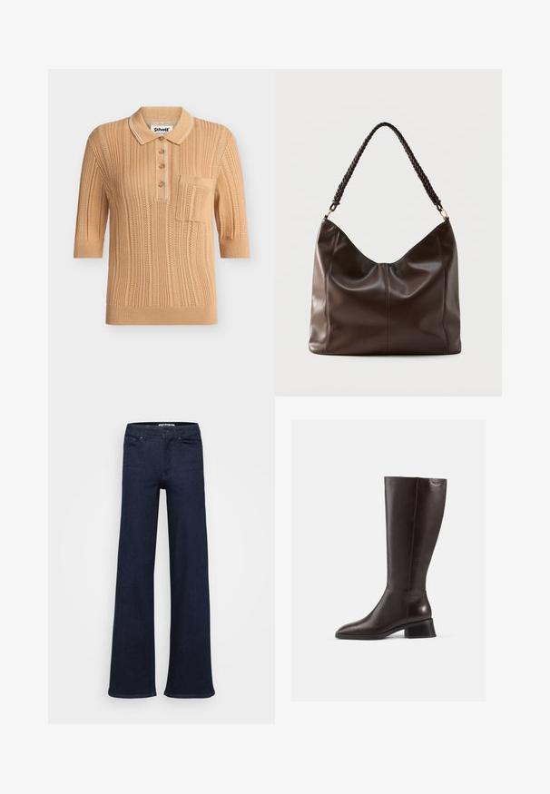 Beige strikket polo med korte ærmer, teksturerede lodrette mønstre, brystlomme, knaplukning foran og kontrastfuld hvid kant på kraven.; Mørkeblå, vidde ben jeans lavet af denim. Har et klassisk fem-lomme design, frontknap lukning og lige syninger.; Brune læderstøvler til knæene med en glat overflade, rund tå og en stablet sort hæl. Simpelt design med minimale hardwaredetaljer.; Mørkebrun læder skuldertaske med flettet håndtag og synlige sømdetaljer på forsiden.