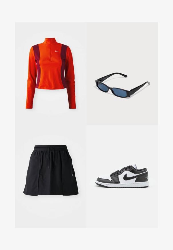 Haut à manches longues rouge et violet avec une fermeture éclair quart, présentant un logo Nike sur la poitrine et un design ajusté avec une texture lisse.; Jupe de sport noire avec taille élastique et cordon de serrage réglable. Dotée d fentes latérales, d'un tissu léger et d'un petit logo sur l'ourlet.; Des baskets basses Nike en noir et blanc présentent un cuir lisse sur le dessus, un bout rond, un système de laçage et une semelle extérieure en caoutchouc à motifs.; Lunettes de soleil noires avec une monture rectangulaire élégante et des verres bleus. Présente une texture lisse et des branches robustes. Logo de la marque sur le côté.