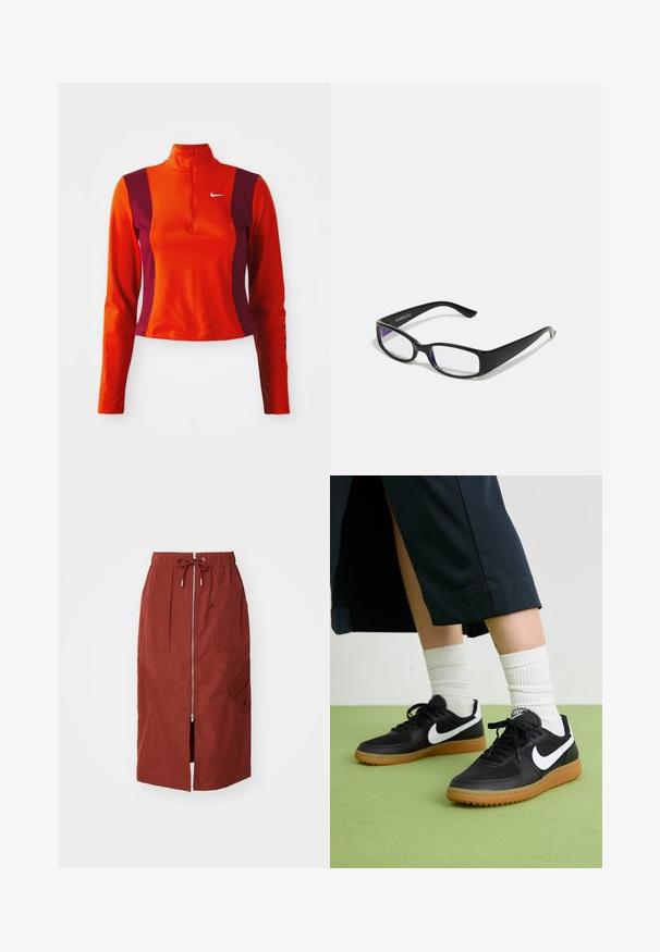 Roter und lila Langarm-Oberteil mit einem Viertelreißverschluss, das ein Nike-Logo auf der Brust trägt und eine figurbetonte Passform mit einer glatten Textur aufweist.; Midikleid in terrakottarot, mit einem Frontreißverschluss, elastischem Bund mit Kordelzug und seitlichen Taschen mit geometrischem Design.; Schwarze Leder- und synthetische Sneakers mit weißem Nike-Swoosh, Gummisohle, runder Spitze und schwarzen Schnürsenkeln. Gestreifte weiße Socken sind sichtbar.; Schwarze rechteckige Brille mit klaren Gläsern. Glänzende Oberfläche, schmale Bügel und lila Tönung an den Rändern der Gläser sichtbar.