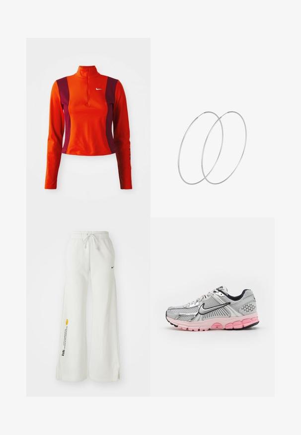 Roter und lila Langarm-Oberteil mit einem Viertelreißverschluss, das ein Nike-Logo auf der Brust trägt und eine figurbetonte Passform mit einer glatten Textur aufweist.; Weiße, weit geschnittene Sweatpants mit elastischem Bund, Kordelzug, seitlichen Schlitzen, schwarzem Nike-Logo und kontrastierendem gelbem Grafiktext.; Nike Sportswear ZOOM VOMERO 5 NEWS - Sneaker low - photon dust/metallic silver/pink foam/medium soft pink/wolf grey/black; Silberne Creolen mit minimalistischem Design. Rundform, glatte Oberfläche und dünnes Profil. Leichtgewichtig mit hochglänzender Oberfläche.