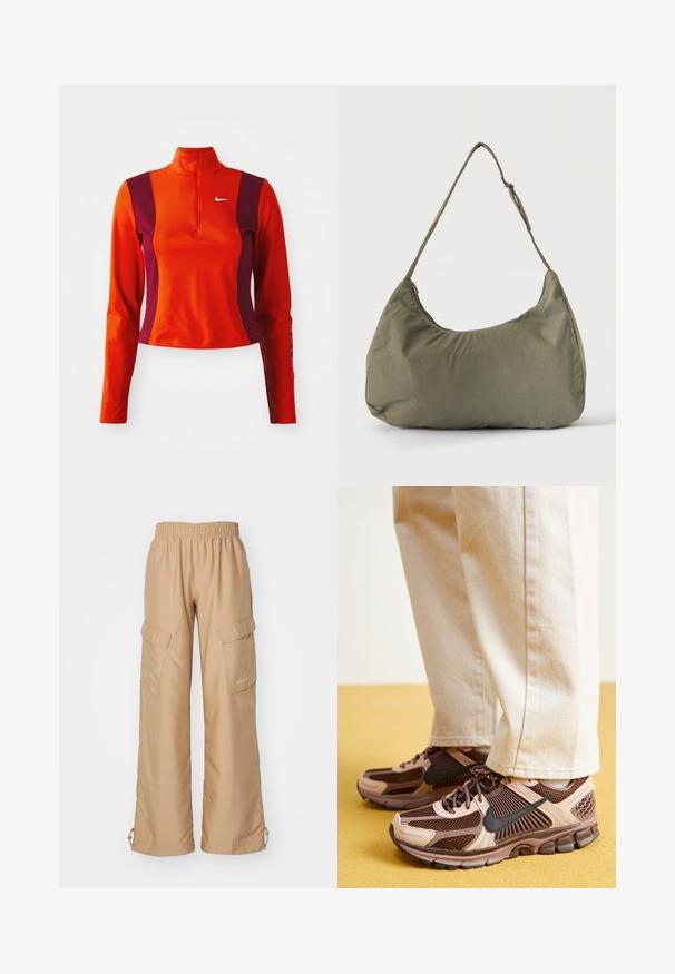Roter und lila Langarm-Oberteil mit einem Viertelreißverschluss, das ein Nike-Logo auf der Brust trägt und eine figurbetonte Passform mit einer glatten Textur aufweist.; Nike Sportswear TREND - Cargohose - hemp; Nike-Sneaker sind aus einer Mischung aus braunem und hellrosa Netz- und Gummi-Material gefertigt, mit schwarzen Akzenten und einer strukturierten Sohle, kombiniert mit beigen Hosen.; Olivgrüne weiche Stoff-Schultertasche mit Reißverschluss und verstellbarem Tragegurt vor einfarbig hellem Hintergrund.