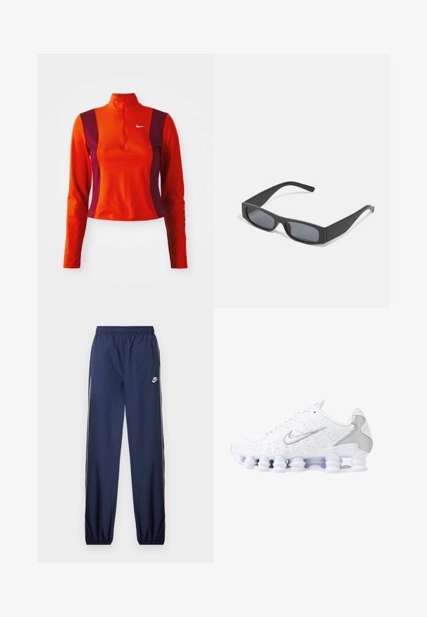 Roter und lila Langarm-Oberteil mit einem Viertelreißverschluss, das ein Nike-Logo auf der Brust trägt und eine figurbetonte Passform mit einer glatten Textur aufweist.; Navyblaue Nike-Sporthose mit elastischem Bund, weißen Seitenstreifen und kleinem Logo am linken Oberschenkel. Strukturierter Stoff, schmal zulaufende Bündchen.; Weiße Sportschuhe mit einem oberen Teil aus Mesh, silbernen Akzenten und einem einzigartigen Spiralsohlendesign. Verfügt über einen gepolsterten Schaft und eine Schnürung für optimalen Halt.; Schwarze rechteckige Sonnenbrillen mit dunklen Gläsern und dicken matten Rahmen. Die Bügel sind leicht verjüngt und haben eine glatte Oberfläche.