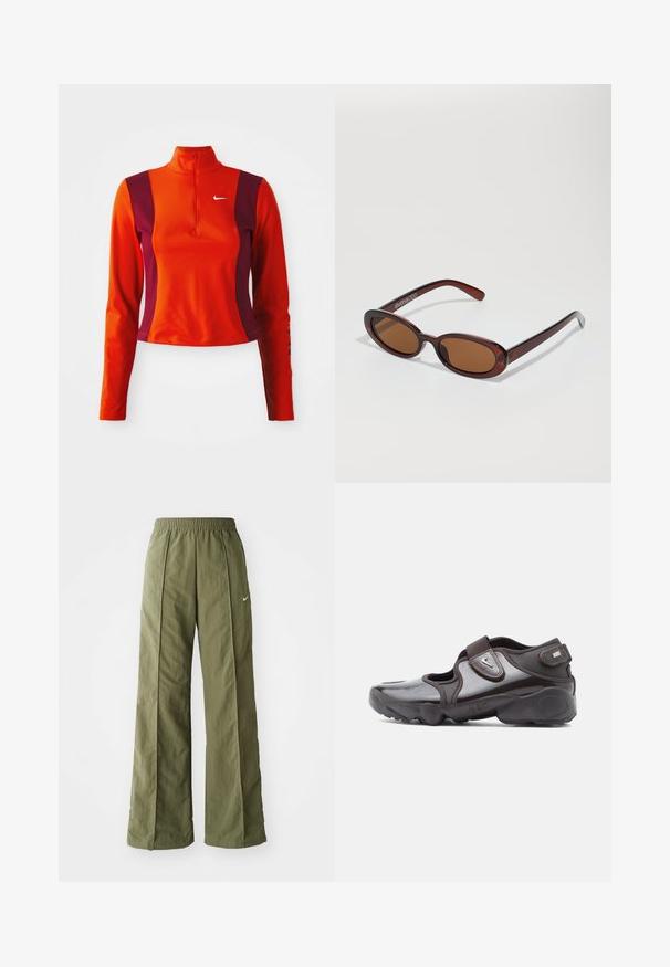 Punainen ja violetti pitkähihainen paita, jossa on neljännesvetoketju, ja jossa on Nike-logo rinnassa. Paita on istuva ja siinä on sileä pinta.; Vihreä oliivinvärinen leveälahkeinen housut, jotka on valmistettu kevyestä kankaasta. Housuissa on joustava vyötärö ja edessä pieni valkoinen logo.; Tummanruskea urheilukenkä kiiltäväpintaisena, tarrakiinnityksellä, pyöreäkärkisenä ja kuvioidulla pohjalla, jossa on iskunvaimennuselementtejä.; Pyöreät, ruskehtavat aurinkolasit, joissa on kiiltävä burgundinpunainen runko. Kapeat sivut, joissa on hienovarainen brändäys. Litteät linssit.