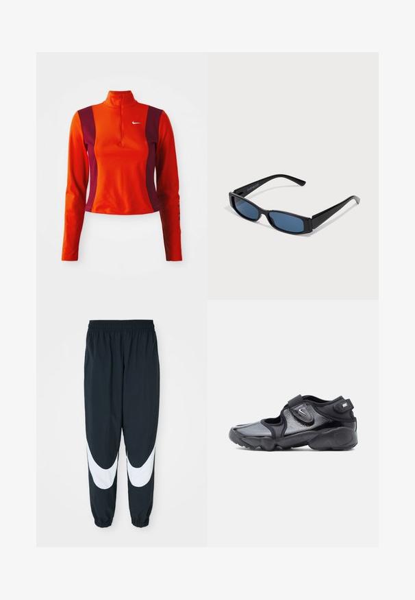 Roter und lila Langarm-Oberteil mit einem Viertelreißverschluss, das ein Nike-Logo auf der Brust trägt und eine figurbetonte Passform mit einer glatten Textur aufweist.; Schwarze Jogginghose mit weißen, gewölbten Einsätzen, elastischem Bund und gerafften Säumen, aus leichtem Stoff und mit lockerer Passform.; Schwarze Nike Air-Schuhe mit glänzender Oberfläche, verstellbaren Klettverschlüssen und Ausschnitt-Design an den Seiten, seitliche Ansicht auf einfarbigem Hintergrund.; Schwarze Sonnenbrille mit einem eleganten rechteckigen Rahmen und blauen Gläsern. Besitzt eine glatte Oberfläche und robuste Scharniere. Markenlogo an der Seite.