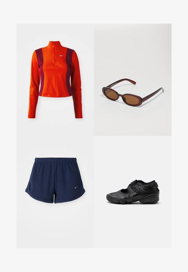 Haut à manches longues rouge et violet avec une fermeture éclair quart, présentant un logo Nike sur la poitrine et un design ajusté avec une texture lisse.; Shorts de sport en bleu marine, côtelés, avec une taille élastique, ornés d'un petit logo Nike blanc sur le bas. Tissu à texture douce.; Sandale de sport noire avec bout fermé, brides Velcro au médio-pied et au talon, et semelle épaisse et rembourrée marquée "AIR" sur le côté.; Lunettes de soleil rondes teinte brun avec une monture bordeaux brillante. Branches fines avec un détail de marque subtil. Design de verres plats.