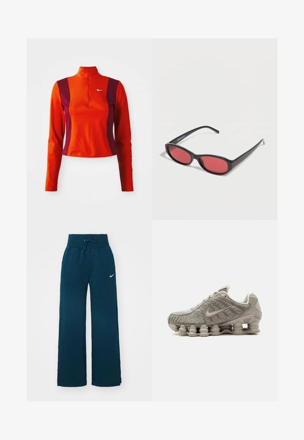 Punane ja lilla pika varrukaga särk, millel on veerandi pikkuses tõmblukk, Nike logo rinnal ning keha lähedane disain sileda tekstuuriga.; Nike Sportswear SPORTSWEAR PHOENIX FLEECE - Dresside alumine osa - armory navy/sail; Hele beež Nike Shoxi sneaker nähtava sambakujulise polsterdusega tallaga ja võrgust üliskattega.; Mustad ovaalsed päikeseprillid õhukeste kätega ja punase tooniga läätsedega, mis puhkavad valgel pinnal.