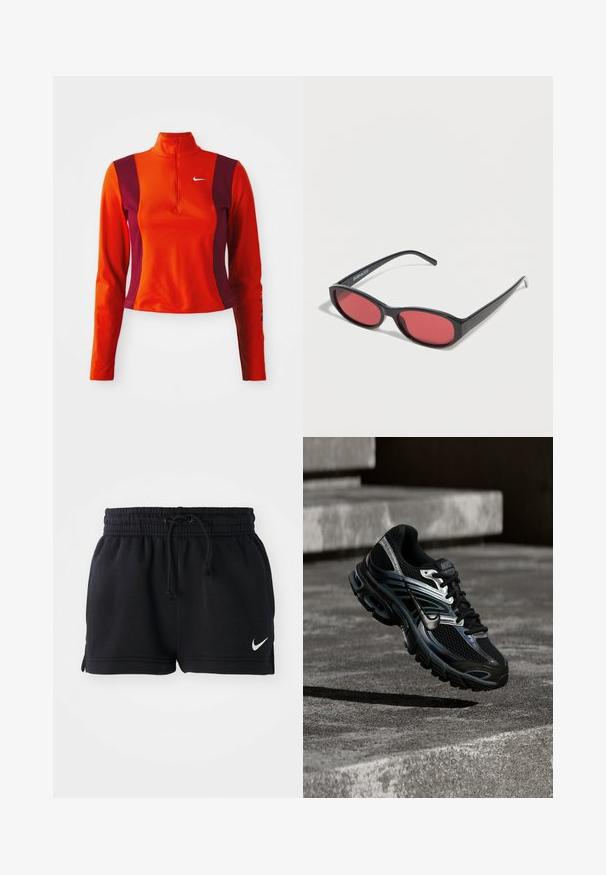 Roter und lila Langarm-Oberteil mit einem Viertelreißverschluss, das ein Nike-Logo auf der Brust trägt und eine figurbetonte Passform mit einer glatten Textur aufweist.; Schwarze Sportshorts aus weichem Material, mit einem elastischen Bund und Kordelzug, Seitenschlitzen und einem kleinen weißen Logo am Saum.; Schwarzer und silberner Nike Laufschuh, der über Betontreppen schwebt und im Außenbereich detailliertes Design und strukturierte Sohle zeigt.; Schwarze ovale Sonnenbrille mit schlanken Bügeln und rot getönten Gläsern, die auf einer weißen Oberfläche liegt.