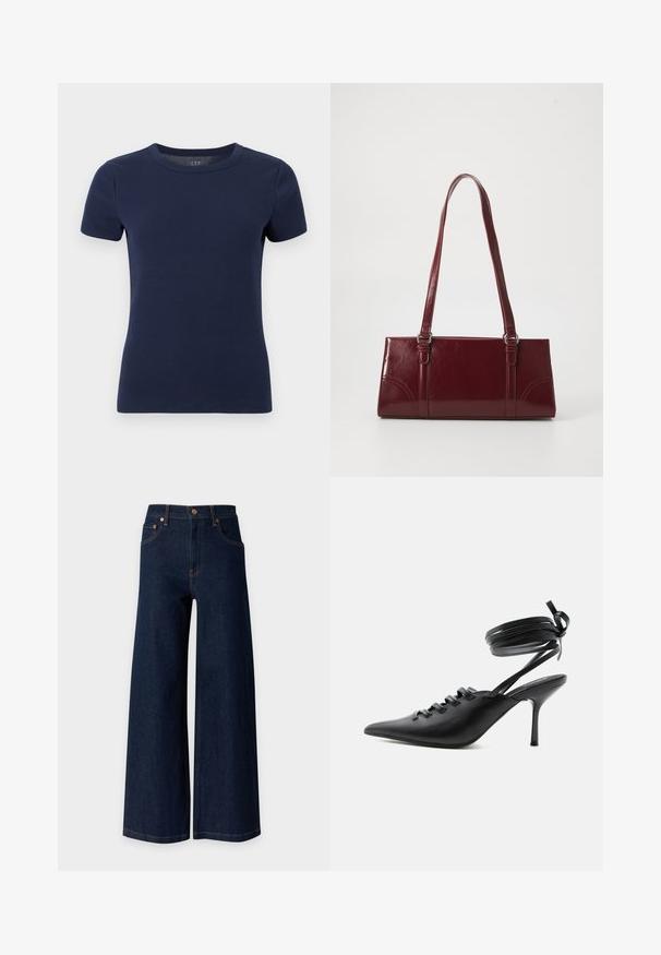 T-shirt à manches courtes en maille côtelée bleu marine avec encolure ronde et silhouette ajustée sur fond blanc.; Jean en denim bleu foncé à jambes larges avec cinq poches et détails de rivets en cuivre sur un fond clair uni.; Chaussure à talon haut noire à bout pointu avec laçage à l'avant et brides enroulées autour de la cheville nouées en nœud, vue de côté sur fond blanc.; Sac à main bordeaux en matériau brillant, de forme rectangulaire, avec deux anses et des accents légèrement courbés à l'avant.