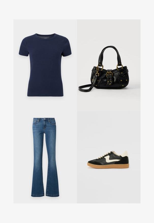 T-shirt à manches courtes en maille côtelée bleu marine avec encolure ronde et silhouette ajustée sur fond blanc.; Jean en denim bleu avec une taille haute, bouton et fermeture éclair à l'avant, style cinq poches, jambes évasées sur fond uni.; Baskets en daim et cuir noir avec un swoosh latéral crème et un talon crème clair. Dotées de lacets beige et d'une semelle en caoutchouc gomme.; Sac à main en cuir noir avec boucle dorée et détails à rivets, poignées courtes et bandoulière réglable sur fond blanc uni.