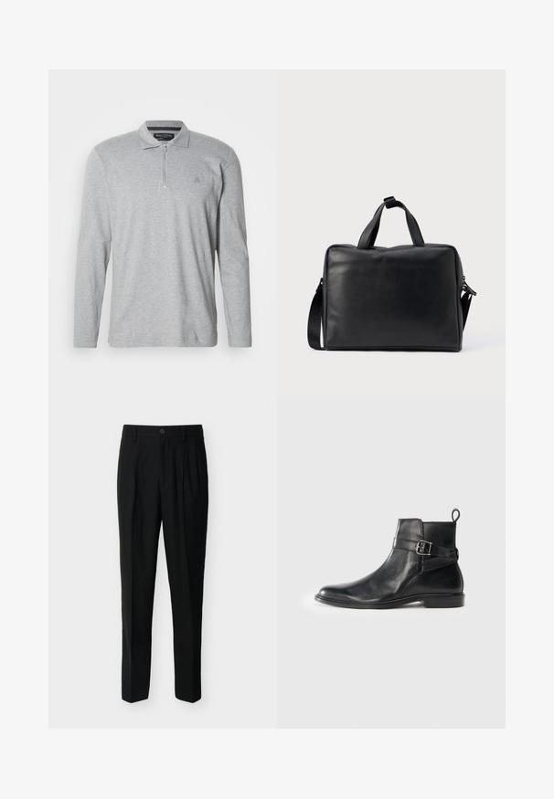 Grijze polo met lange mouwen van zachte stof, voorzien van een halve ritssluiting, een klassieke kraag en een klein logo op de borst.; Zwarte, op maat gemaakte, high-waist broek met riemlussen, plooien aan de voorkant, zijzakken en een knoop- en ritssluiting.; Zwarte leren enkellaarsjes met een ronde neus, zijgespeldetail en een lipje op de hak. Platte zool met een subtiele glansafwerking.; Zwarte leren duffeltas met een rechthoekige vorm, dubbele handvatten, een afneembare schouderriem en minimale versieringen.