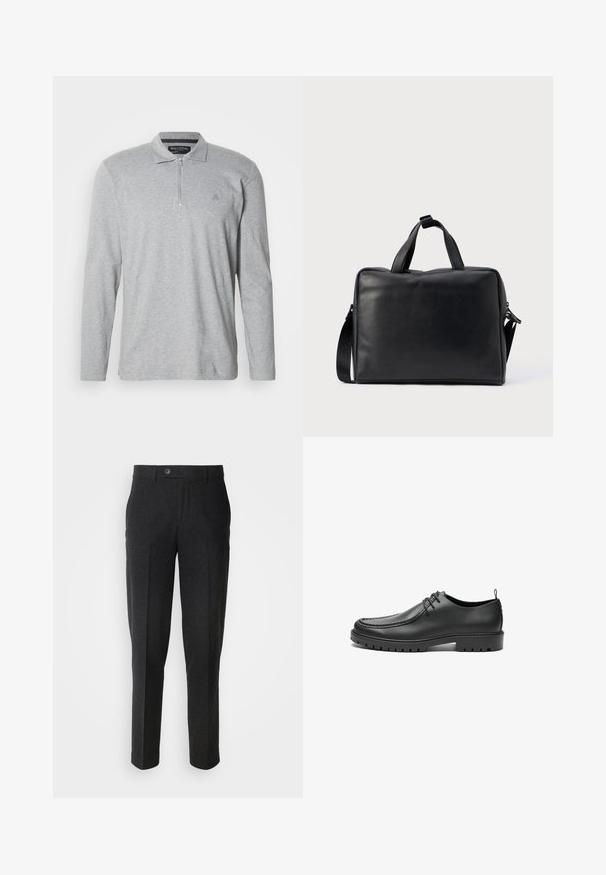 Grijze polo met lange mouwen van zachte stof, voorzien van een halve ritssluiting, een klassieke kraag en een klein logo op de borst.; Lindbergh Broek - black melange; Zwarte lederen schoenen met een gladde afwerking, ronde neus en decoratieve stiksels. Beschikt over een rubberen zool met tractiegrepen en een vetersluiting.; Zwarte leren duffeltas met een rechthoekige vorm, dubbele handvatten, een afneembare schouderriem en minimale versieringen.
