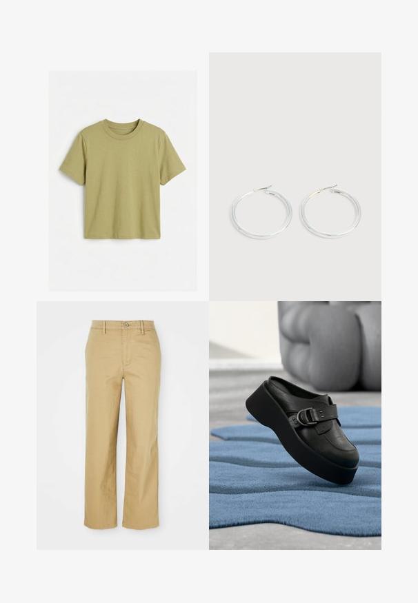 Enkelt olivengrøn t-shirt med korte ærmer og rund halsudskæring, med lige kant, vist på hvid baggrund.; Beige bomuldsbukser med lige ben design. Har en knaplukning, bæltestropper og frontlommer, letvægts tekstur.; Sort læder platform mule med en stor spænde detalje, hvilende på et struktureret, bølget blåt tæppe og en sløret grå baggrund.; Par skinnende sølvøreringe med tynde trådlåse, vist på en lys grå baggrund.