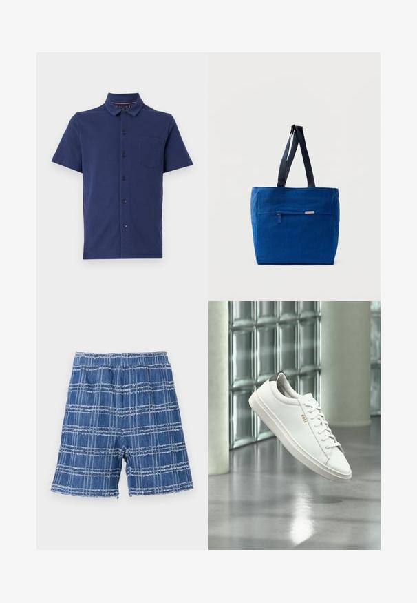 Lühikeste varrukate ja tumesinise värvusega polo särk, mis on valmistatud tekstureeritud kangast. Särgil on nööbid ees, üks rinna tasku ja hästi määratletud krae.; Denim lühikesed püksid, millel on kulunud äär, sinise ruudulise mustriga. Elastne vöökoht, sirge lõige ja pehme tekstuur.; Valge nahast madala säärega tenniskingad paeltega, must kannaosa ja "BOSS" logo, hõljuvad siseruumis klaasplokkidest seina ja läikiva põranda lähedal.; Sinine lõuendist õlakott esiktasku, topeltrihmade ja ristkülikukujulise kujundusega. Omab diskreetset brändi sildi detaili.