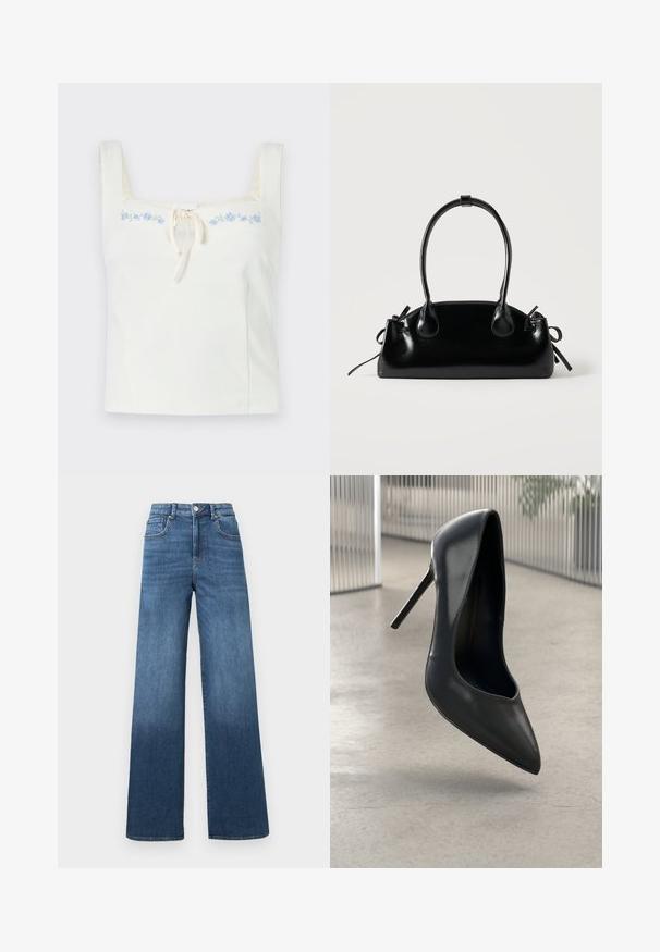 Λευκό αμάνικο crop top με τετράγωνο ντεκολτέ, δέσιμο μπροστά και λεπτή μπλε κεντητή διακόσμηση στο πάνω μέρος του στήθους.; Πλεκτές τζιν παντελόνια με φαρδιά πόδια σε μέτριο μπλε χρώμα, με σταδιακή φωτεινότητα προς το στρίφωμα, διαθέτοντας κανονικό κούμπωμα με κουμπί και φερμουάρ.; Μαύρο δερμάτινο ψηλοτάκουνο παπούτσι με μυτερή μύτη, κομψό σχέδιο και χωρίς ορατά αξεσουάρ. Λείος υφή και μινιμαλιστικό στυλ.; Μικρή μαύρη γυαλιστερή τσάντα με δύο μακριές λαβές και λεπτομέρειες με ρυθμιζόμενο κορδόνι στο πλάι σε απλό ανοιχτό φόντο.