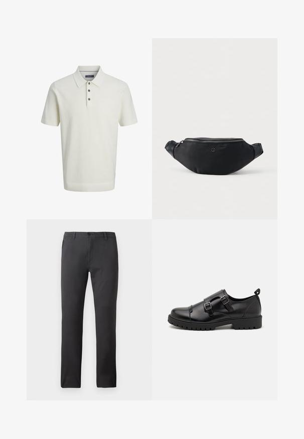 Witte, kortärmelig textuurlijke poloshirt met drie donkere knopen en een klassieke kraag, weergegeven op een eenvoudige lichte achtergrond.; Zwarte broek van gladde stof, met een recht pijpdesign, voorzakken en een knoopsluiting. Minimalistische en veelzijdige stijl.; Pier One by Zalando Zakelijke loafers - black; Zwarte nepdelen heuptas met leren accenten, zilveren ritssluiting en een klein cirkelvormig logo aan de voorkant, weergegeven tegen een witte achtergrond.