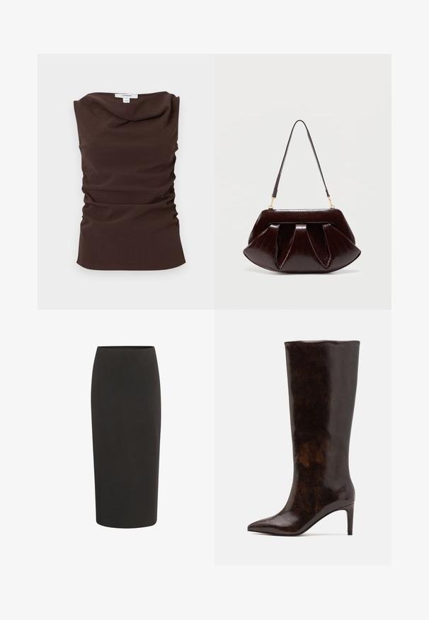 Haut marron sans manches à fronces avec encolure drapée et étiquette Topshop au niveau du col arrière, présenté sur un fond blanc.; Jupe crayon noire en tissu lisse, présentant une coupe ajustée, une longueur mi-mollet et une taille élastique simple.; Call it Spring RHODDE - Bottes à talons hauts - medium brown; Sac à main en cuir marron foncé avec plis froncés, ferrures dorées et une seule bandoulière, sur un fond clair uni.