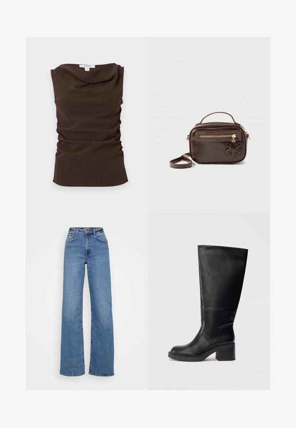 Top marrón sin mangas con fruncido y escote drapeado, con etiqueta de Topshop en el cuello trasero, mostrado sobre un fondo blanco.; Jeans de pierna ancha en denim, con una cintura alta, diseño clásico de cinco bolsillos y un dobladillo limpio con mínimas desgastes.; Bota de cuero negro hasta la rodilla con punta redonda, tacón cuadrado y superficie texturizada. Diseño sencillo, costuras reforzadas, sin herrajes visibles.; Bolso bandolera rectangular de cuero marrón oscuro con asa superior, bolsillo frontal con cremallera y adorno en forma de flor de cuero en el tirador de la cremallera.