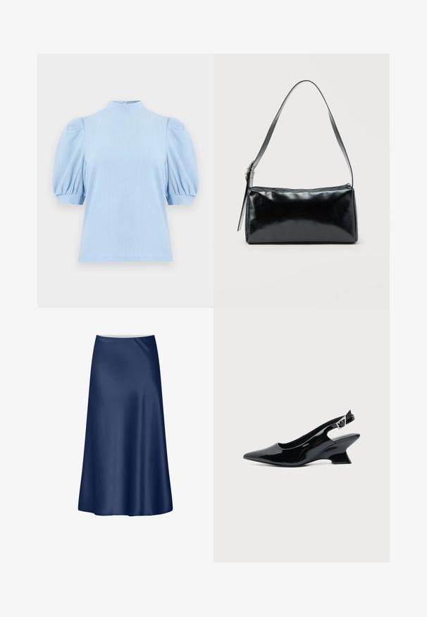 Hellblaue, texturierte Bluse mit kurzen Puffärmeln, hohem Halsausschnitt und Knopfverschluss am Rückenkragen.; Navy-blaues Satin-A-Linien-Rock mit glatter Textur, fließendem Design und mittellanger Länge. Verfügt über einen schlichten Taillenbund ohne zusätzliche Akzente.; Schwarzer Slingback-Schuh aus Lackleder mit spitzer Spitze und niedrigem, schrägem Blockabsatz auf einfachem hellem Hintergrund.; Schwarze rechteckige Schultertasche mit einem verstellbaren Riemen und einem oberen Reißverschluss vor einfachem Hintergrund.
