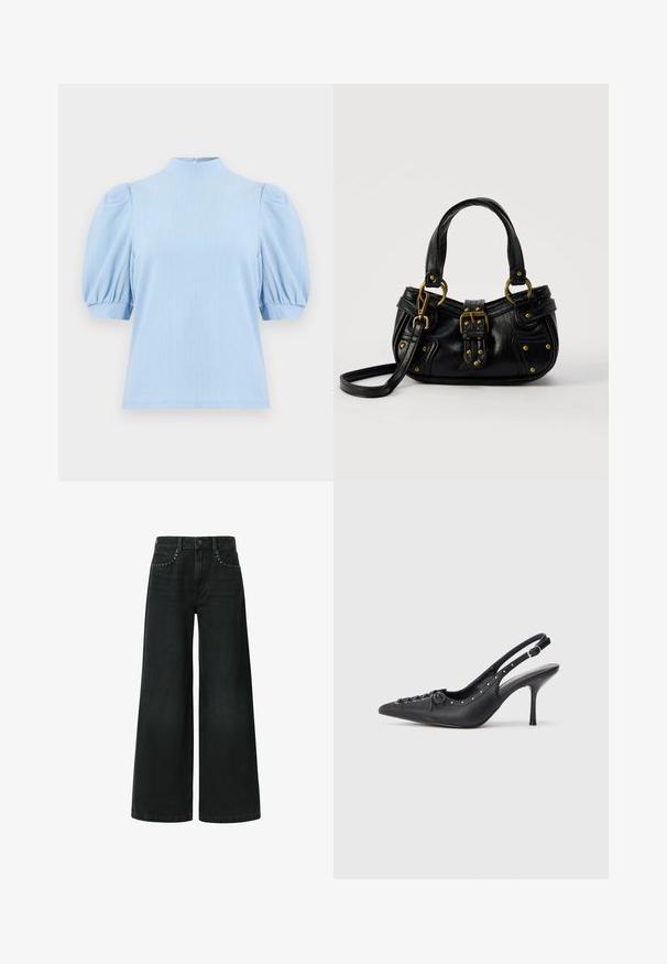 Lichtblauwe gebreide korte mouw blouse met geplooide mouwen, hoge halslijn en knoopsluiting aan de achterkant van de kraag.; Zwarte jeans met wijd uitlopende pijpen, gemaakt van denim, met een klassieke vijf-pocket design en decoratieve studded details nabij de voorkruiszakken.; Zwarte leren slingback stiletto met spitse neus, zijgesp met gesp, studs langs de rand en decoratieve veters aan de voorkant.; Zwarte leren handtas met gouden gesp en klinknagel details, korte handvatten en een verstelbare schouderriem op een effen witte achtergrond.