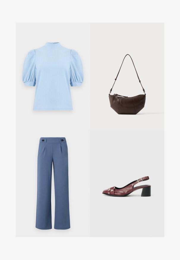 Blouse bleu clair texturée à manches courtes bouffantes, col montant et fermeture par bouton au dos du col.; Pantalons larges bleus en tissu lisse, avec une taille plate, deux plis et deux boutons noirs à la taille.; Chaussure slingback en cuir bordeaux avec un bout arrondi, un design incurvé, des accents en métal argenté et un talon bloc. Finition texturée.; Sac à bandoulière en cuir marron avec un fond incurvé et une sangle réglable sur un fond clair uni.