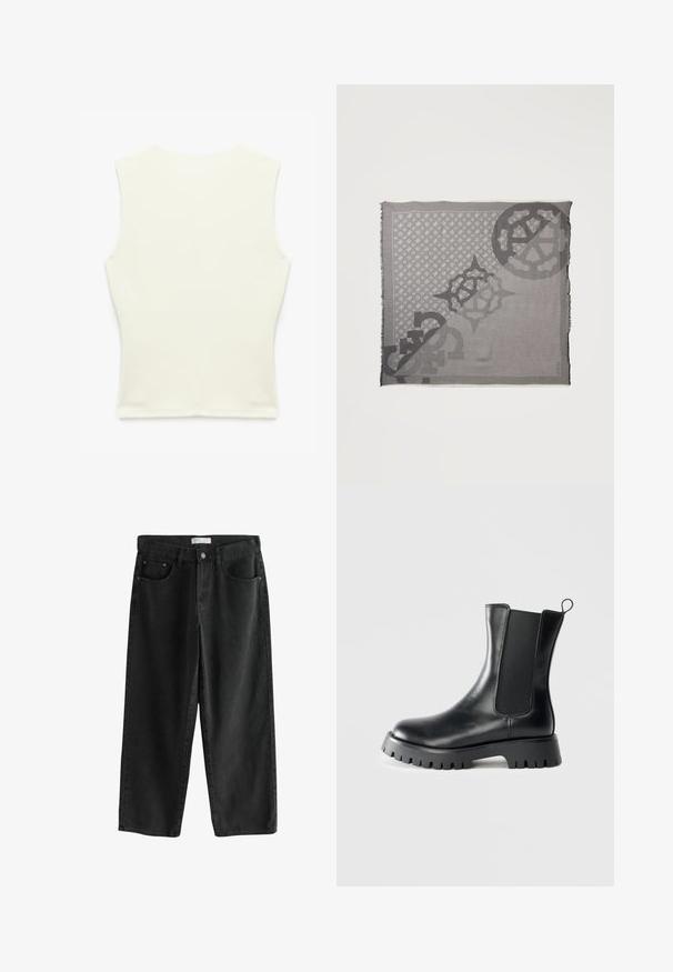 Ærmeløs, off-white tætsiddende top med rund halsudskæring, vist fladt med bagsiden og midtersømme synlige.; Sorte denim bukser med brede ben og mellemhøj talje, der har to forlommer, en knappelukning og subtile syningsdetaljer.; Sort læder ankelstøvle med elastiske sidepaneler, chunky gummisål og løkke til at trække i. Glat overflade med rund tå og veldefineret mønster på sålen.; Kvadratisk gråt tørklæde med geometriske og abstrakte motiver i forskellige nuancer, frynser i kanten og et lille synligt mærkenavn i et hjørne.