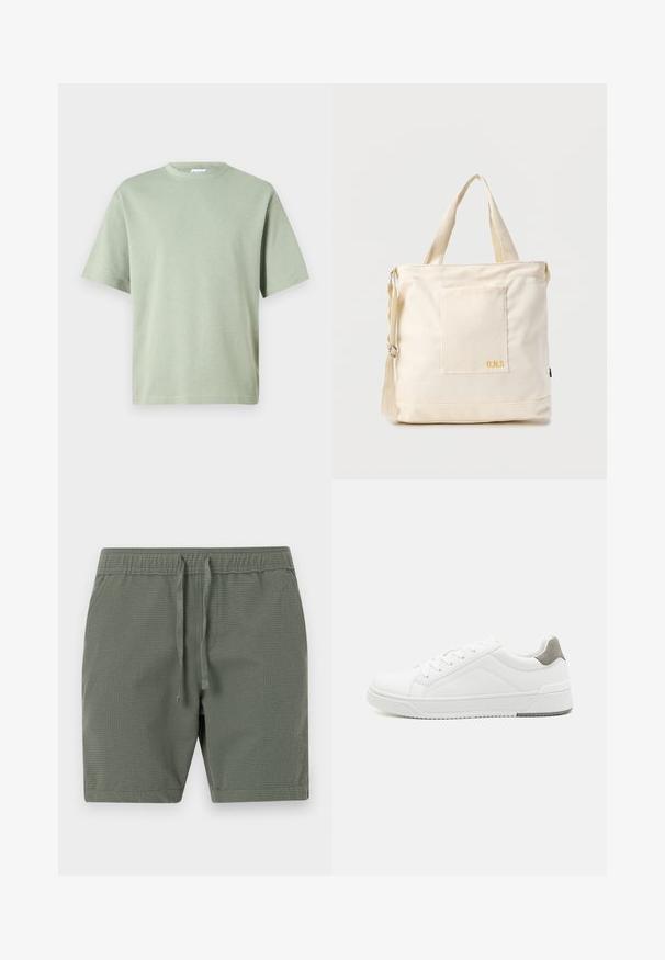 Lys grøn bomuld t-shirt med rund halsudskæring og korte ærmer. Stoffet har en glat tekstur og er uden mønstre.; Olivengrønne shorts lavet af struktureret stof, med elastisk talje og justerbare snore, samt en afslappet pasform.; Hvid sneaker lavet af glat læder, rund tå, minimalistisk design, grå hælafsats og tekstureret gummisål.; Kremfarvet lærredstote-taske med frontlomme, to håndtag, justerbar skulderrem og lille gul "O.N.S" tekst i nederste højre hjørne af lommen.