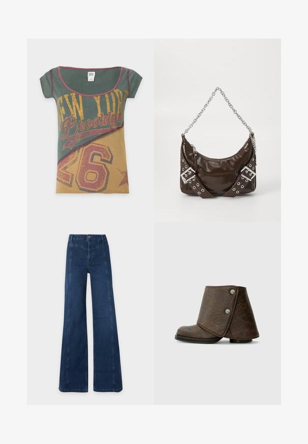 T-shirt met korte mouwen en ronde hals met groene en beige kleurvlakken, bedrukt met de tekst "New York Brooklyn" en groot nummer 26 in geel en rood.; Donkerblauwe high-waist wijde jeans met zichtbare stiksels en een knoopsluiting aan de voorkant op een effen lichte achtergrond.; Bruine leren enkellaars met een omslagontwerp, zilveren hardware-accenten, een ronde neus en een gestructureerde afwerking. Lage, platte zwarte zool.; Donkerbruin gepolijst leren handtas met een zilveren kettingriem, decoratieve dubbele gespriemen, en ritssluiting.