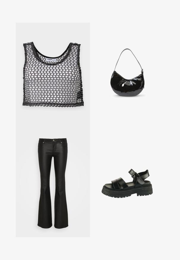 Sort ærmeløs crop top med bredt netstof og bølget kant, lagt fladt ud, der viser for- og indvendige etiketdetaljer.; ONLY ONLTIGER LOW WAISTED FLARED - Bukser - black; Sort sandal med chunky sål, to brede stropper foran, ankelstrop og sølvspænde på hvid baggrund.; Sort patentlæder håndtaske med en buet form, enkelt skulderrem, lynlåslukning og et dekorativt metal logo. Glat tekstur.