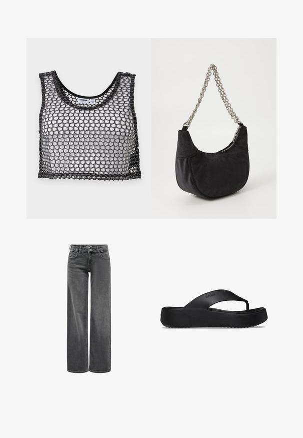 Zwarte mouwloze crop top met brede mesh-netstructuur en gegolfde randen, plat neergelegd met de voorkant en binnenlabels zichtbaar.; High-waisted wijde-broekspijpen jeans in vervaagde zwarte denim met voorzakken, riemlussen en knoopsluiting in de tailleband.; Zwarte flip-flop sandaal met een verhoogde zool, gemaakt van rubbermateriaal. Kenmerkt zich door een teenband en een gestructureerde voetbed voor grip.; Juicy Couture KIMBERLY SMALL HOBO - Handtas - black