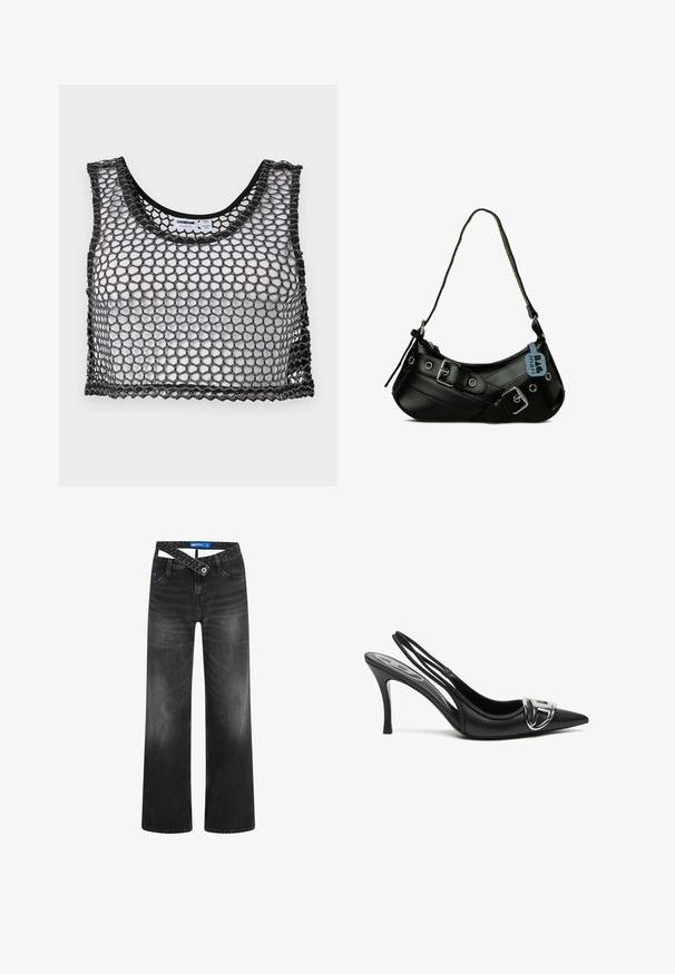 Sort ærmeløs crop top med bredt netstof og bølget kant, lagt fladt ud, der viser for- og indvendige etiketdetaljer.; Blandede sorte vidde jeans med en falmet finish, der har et unikt crossover-bælte design, fem lommer og en standard knaplukning.; Sorte slingback højhælede sko med spids tå, der har en skinnende sølvspænde detalje og en slank hæl. Glat lædertekstur, minimalistisk design.; Sort syntetisk håndtaske med en buet form, justerbar rem og dekorative metalspænder. Har en glat, blank tekstur.