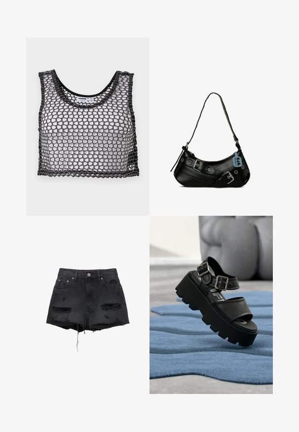 Haut court noir sans manches avec large maille en filet et bords festonnés, posé à plat montrant l'avant et les détails de l'étiquette intérieure.; Shorts en denim noir avec des bords effilochés, des patches déchirés, une fermeture à bouton sur le devant, et un design à cinq poches. Coupe taille haute classique.; Sandale plateforme noire épaisse avec deux boucles argentées sur un tapis bleu texturé, sculpture grise floue en arrière-plan.; Sac à main synthétique noir avec une forme courbée, une bandoulière réglable et des boucles décoratives en métal. Présente une texture lisse et brillante.