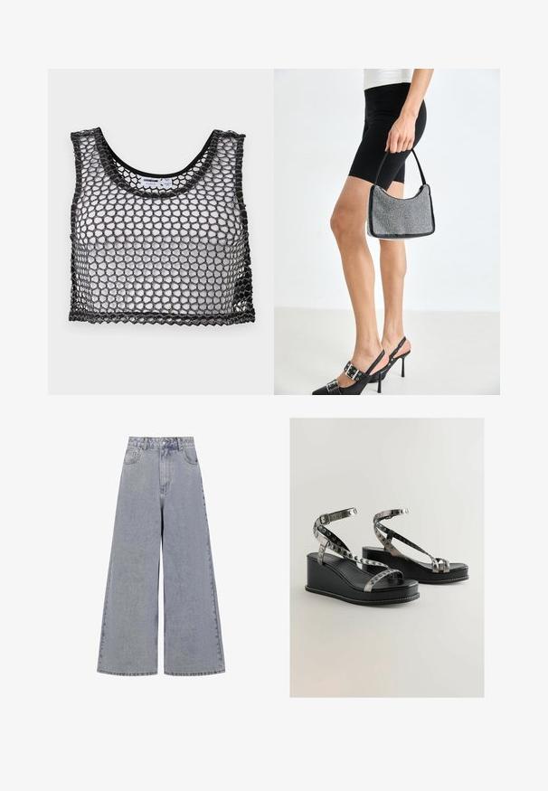Sort ærmeløs crop top med bredt netstof og bølget kant, lagt fladt ud, der viser for- og indvendige etiketdetaljer.; Lysblå bredbenede jeans lavet af denim, med høj talje, fire lommer og en klassisk knaplukning med subtil slid.; Sorte kile-sandaler med metalliske stropper og cirkulære udskæringer. Glat læderoverflade med hvide syninger.; Sort perlehandtaske med en buet silhuet, bærehåndtag og blank overflade. Båret med højhælede sorte sko og tætsiddende sorte shorts.