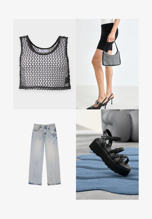 Sort ærmeløs crop top med bredt netstof og bølget kant, lagt fladt ud, der viser for- og indvendige etiketdetaljer.; Lysblå denimjeans med lige ben-design, der har slidte detaljer, fem lommer og synlige sømdetaljer.; Sort platform-sandal med tre justerbare remme med spænder, placeret på en tekstureret blå tæppe med sløret baggrund.; Sort perlehandtaske med en buet silhuet, bærehåndtag og blank overflade. Båret med højhælede sorte sko og tætsiddende sorte shorts.