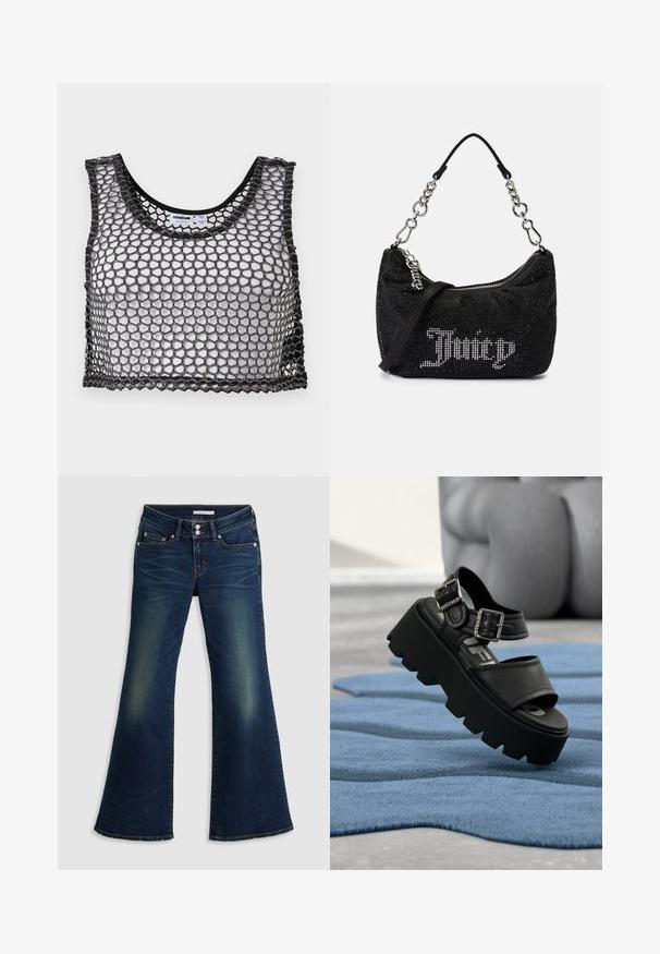 Schwarzes ärmelloses Crop-Top mit weitem Netzgewebe und gezackten Kanten, flach ausgebreitet mit Blick auf die Vorderseite und die inneren Etikett-Details.; Dunkelblaue Jeans im Super-Low-Flare-Schnitt mit Front- und Gesäßtaschen, doppeltem Knopfverschluss und verwaschenen Details an Oberschenkeln und Knien.; Schwarze klobige Plateau-Sandale mit zwei silbernen Schnallen auf blauem strukturiertem Teppich, unscharfe graue Skulptur im Hintergrund.; Schwarze Tasche mit Strassverzierungen, gebogener Form und silberner Kettenhandgriff. Verfügt über einen Reißverschluss und das "Juicy"-Logo in Weiß.