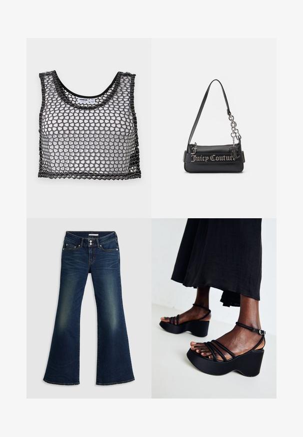 Sort ærmeløs crop top med bredt netstof og bølget kant, lagt fladt ud, der viser for- og indvendige etiketdetaljer.; Mørkeblå denim superlow flare jeans med for- og baglommer, dobbelt knappelukning og slidte detaljer på lår og knæ.; Sorte kilehæle med flere tynde stropper, justerbar ankelspænde, tekstureret overflade og en afrundet hælform.; Sort håndtaske lavet af tekstureret syntetisk materiale. Har en kædestrop og sølv "Juicy Couture" logoet fremtrædende vist på forsiden.